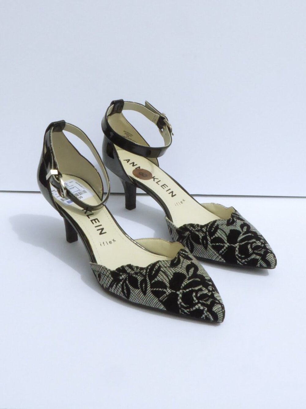 New Anne Klein iflex black patent leather floral houndstooth pointed toe heels 8